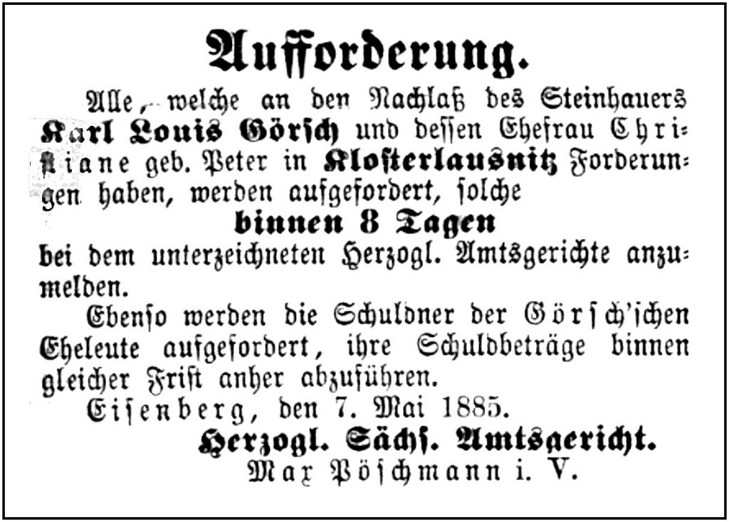 1885-05-07 Kl Forderung